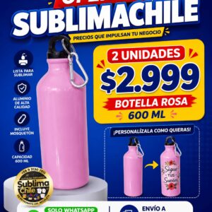 Botella Rosada Sublimable 600 ml de Aluminio con Mosquetón | Personalizable | Sublimachile
