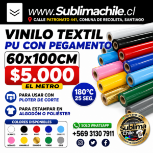 Vinilo Textil PU con Pegamento 60x100 cm para Plotter de Corte – Sublimachile