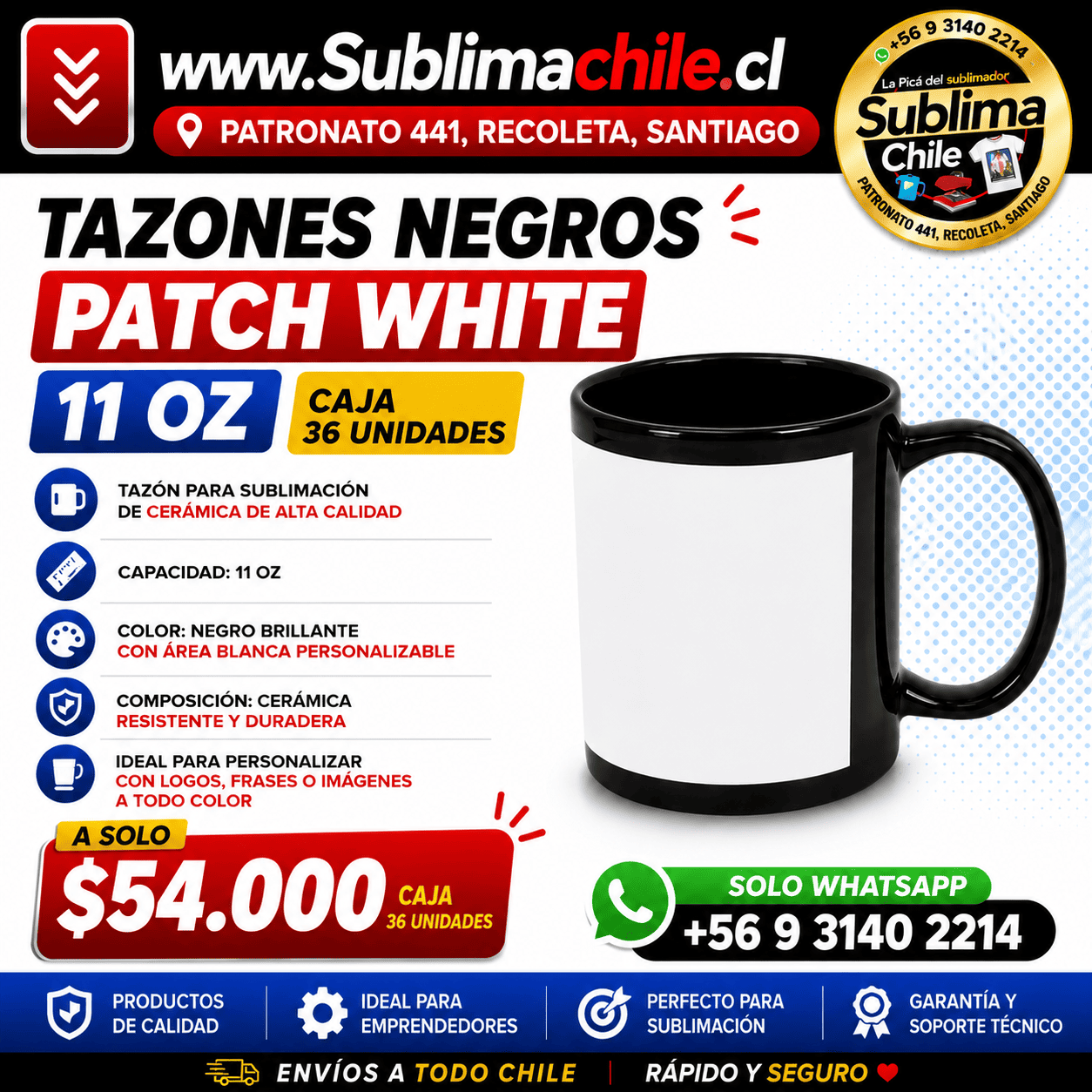 Tazones Negros Patch White 11oz Caja 36 unidades