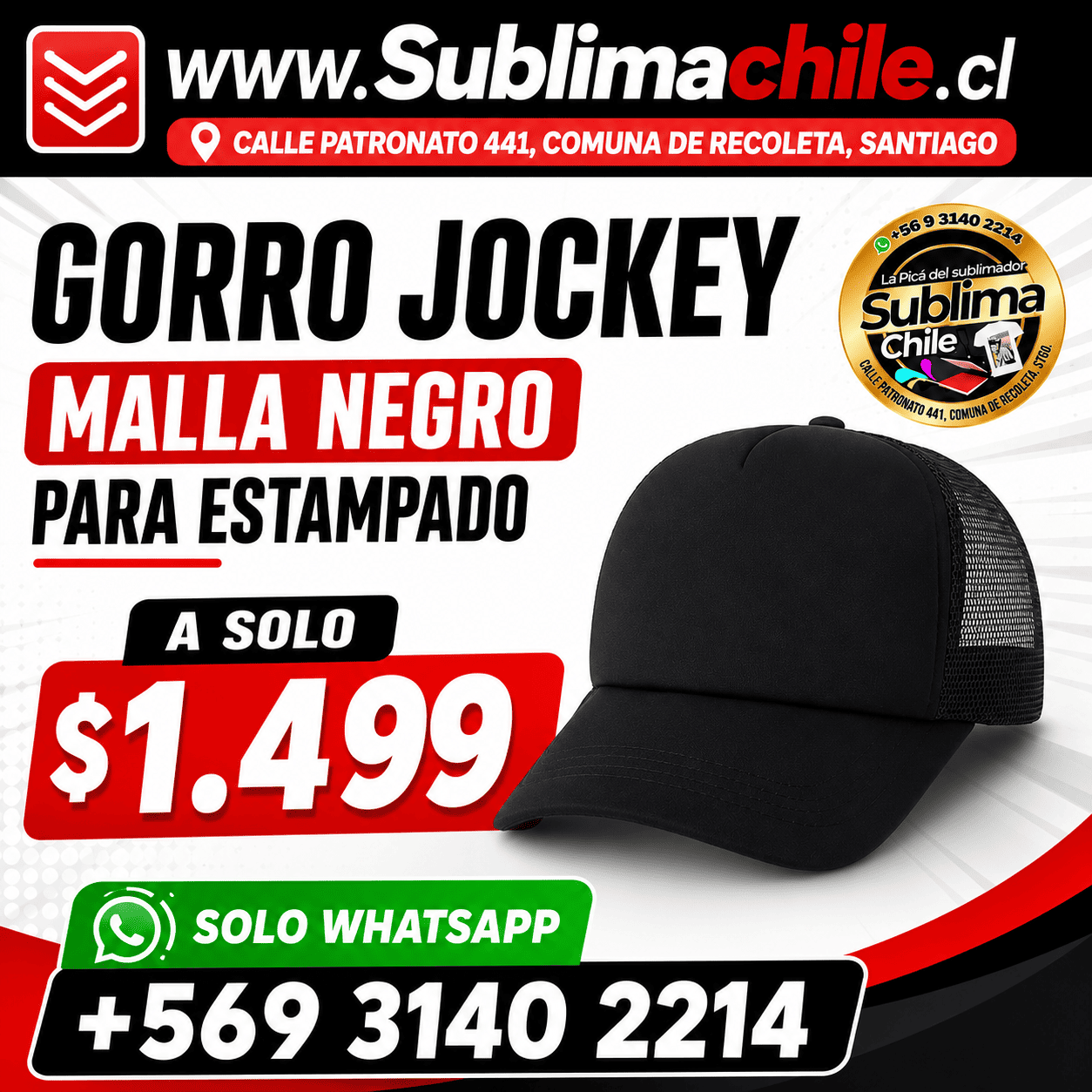 Gorro Jockey Malla Negro para Estampado