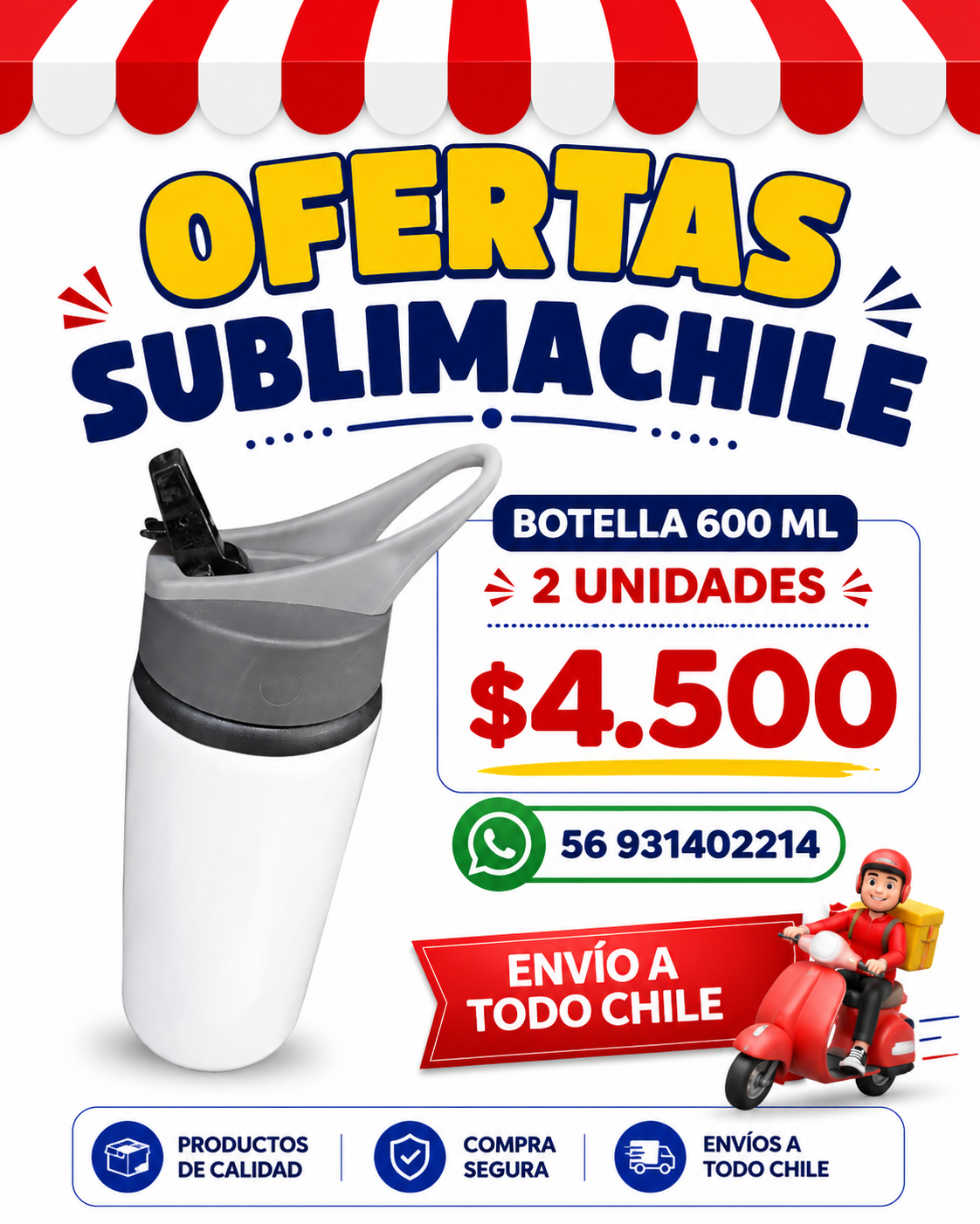Botella Sublimable 600 ml con Bombilla Retráctil