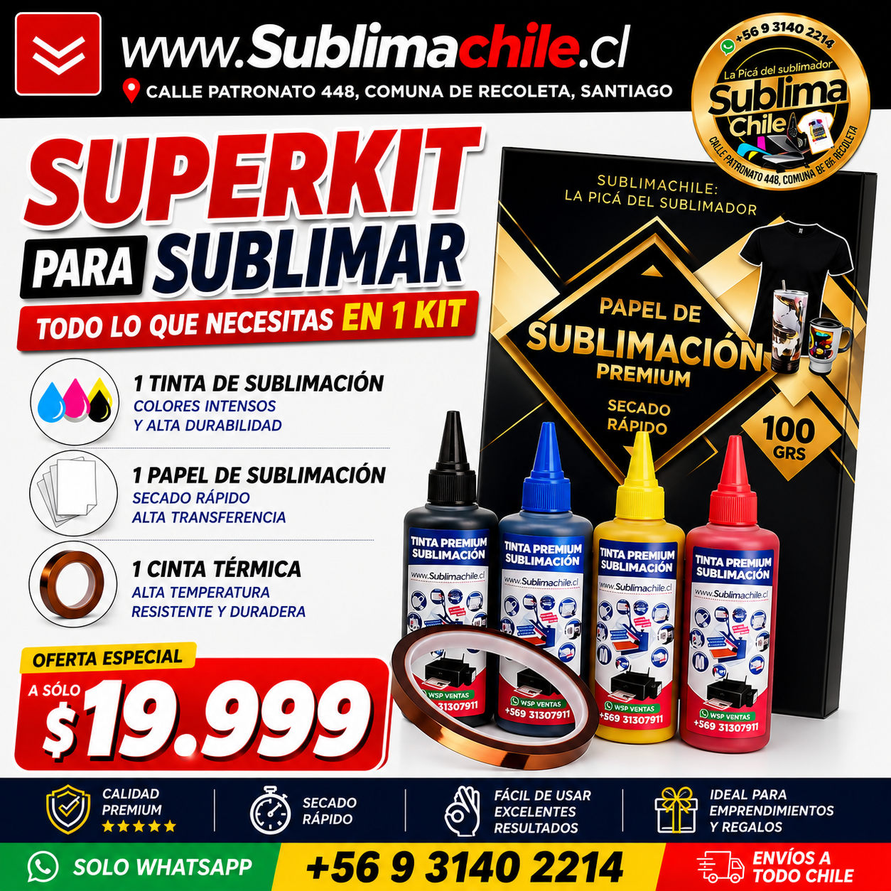 Super Kit para Sublimar con 4 Tintas, 100 Hojas y Cinta Termica