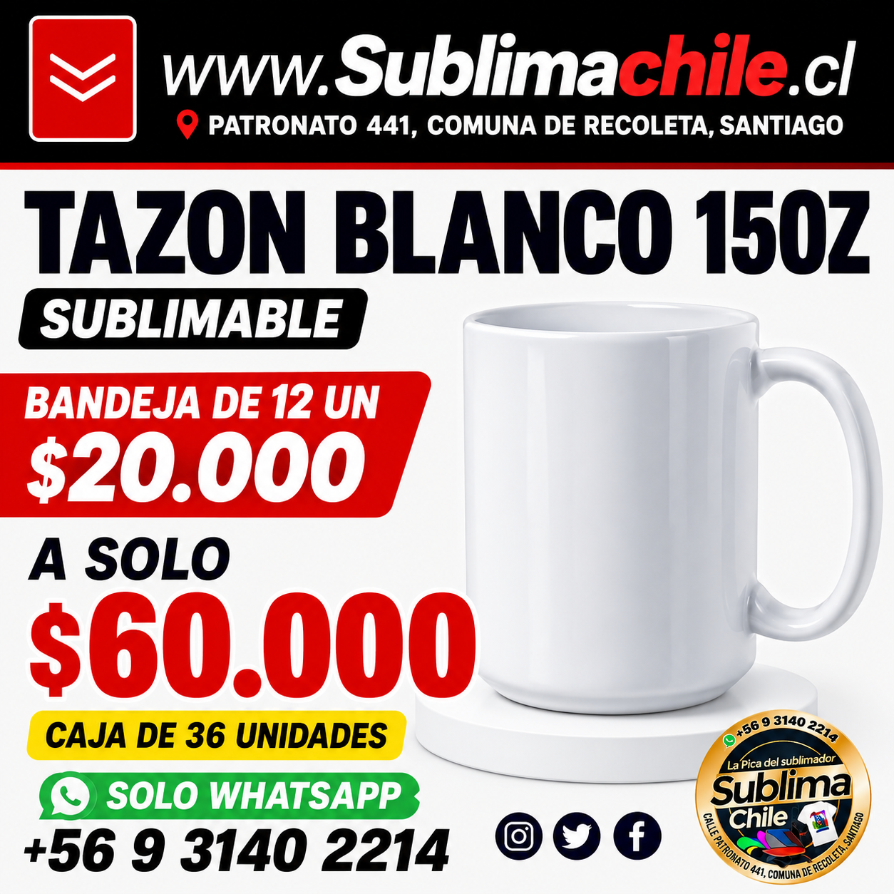 Tazón Blanco Sublimable 15 oz
