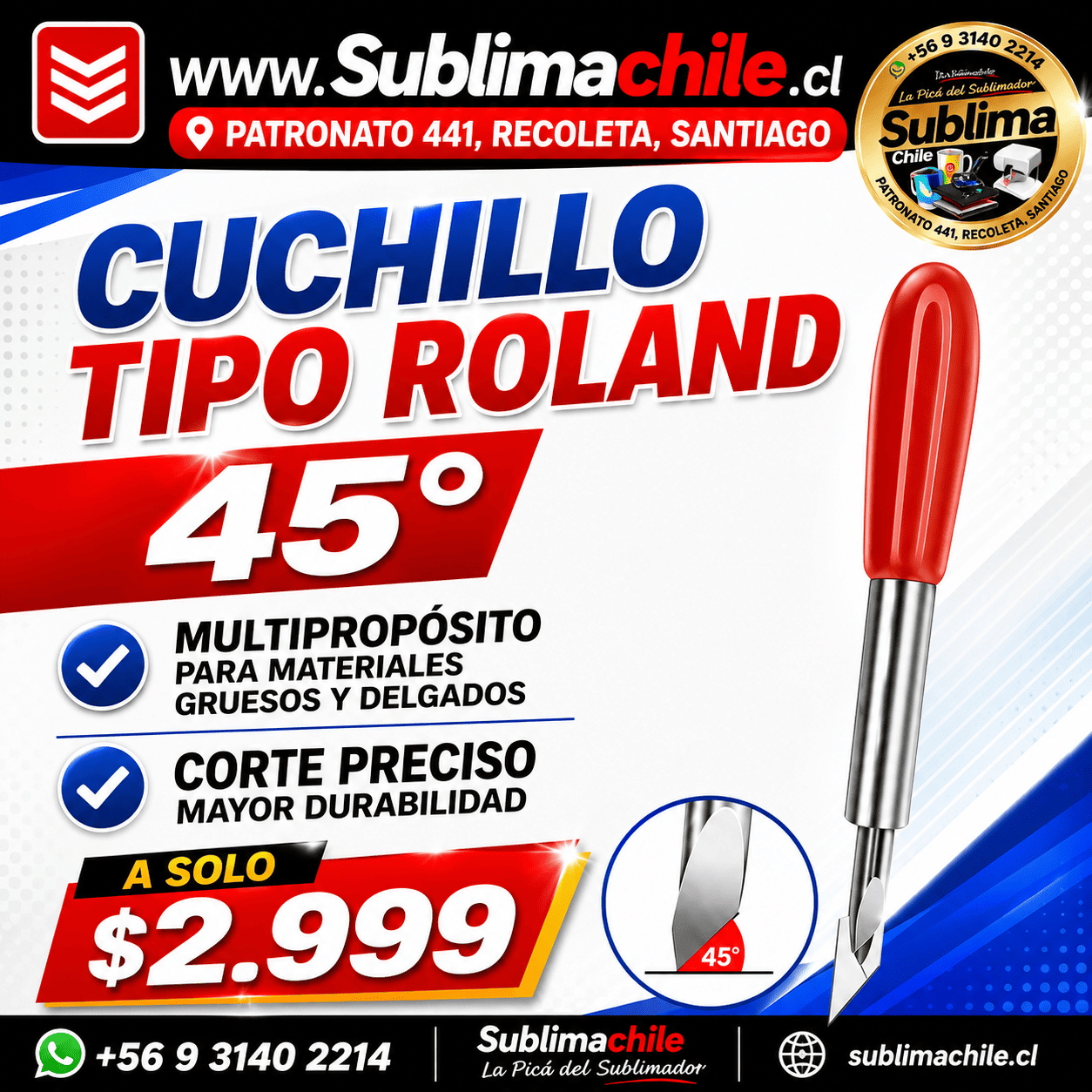 Cuchillo Tipo Roland 45° para Plotter de Corte
