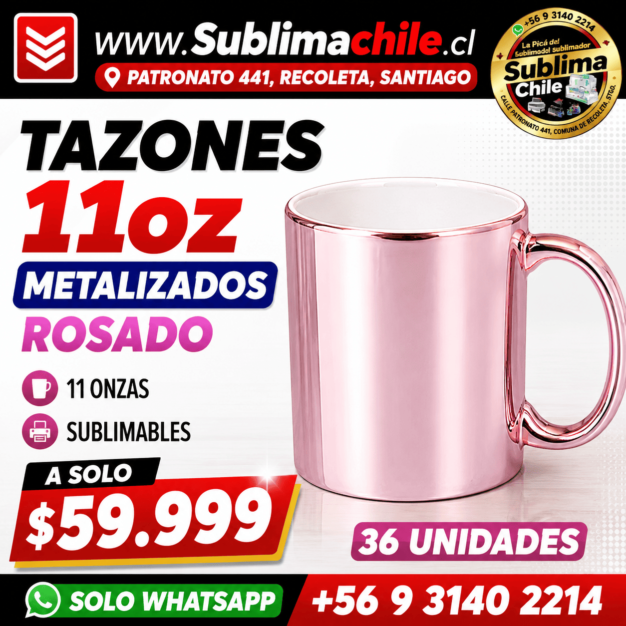 Tazones Metalizados sublimables Rosados 11 Oz