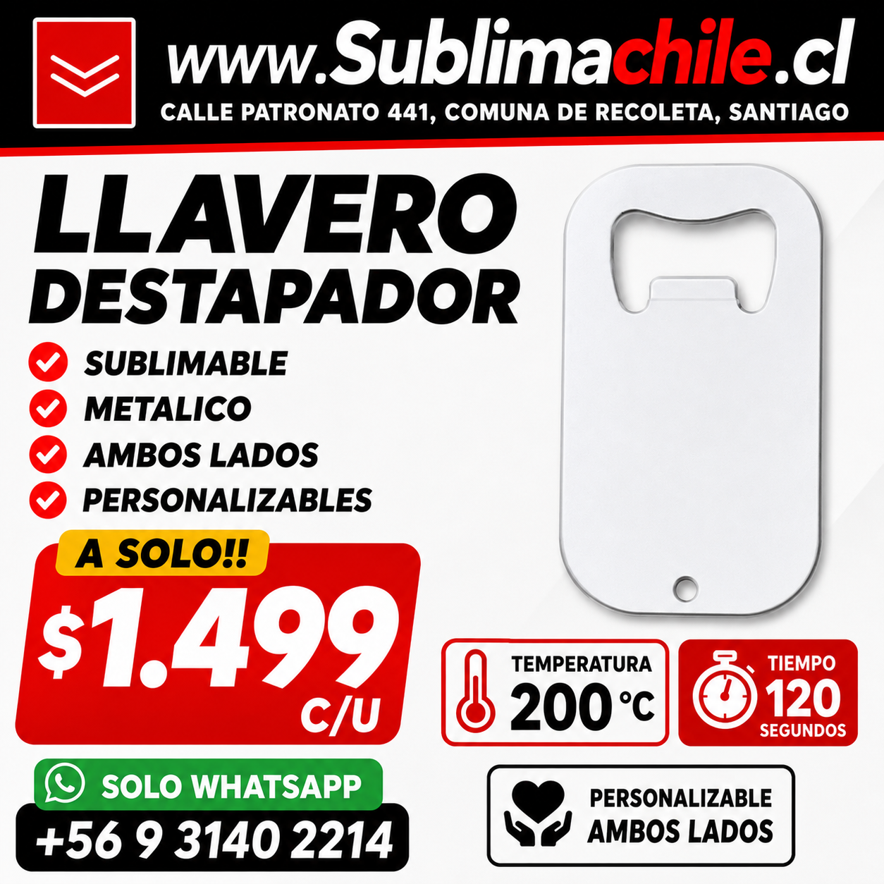 Llavero Destapador Sublimable 3.5x7 cm Doble Cara