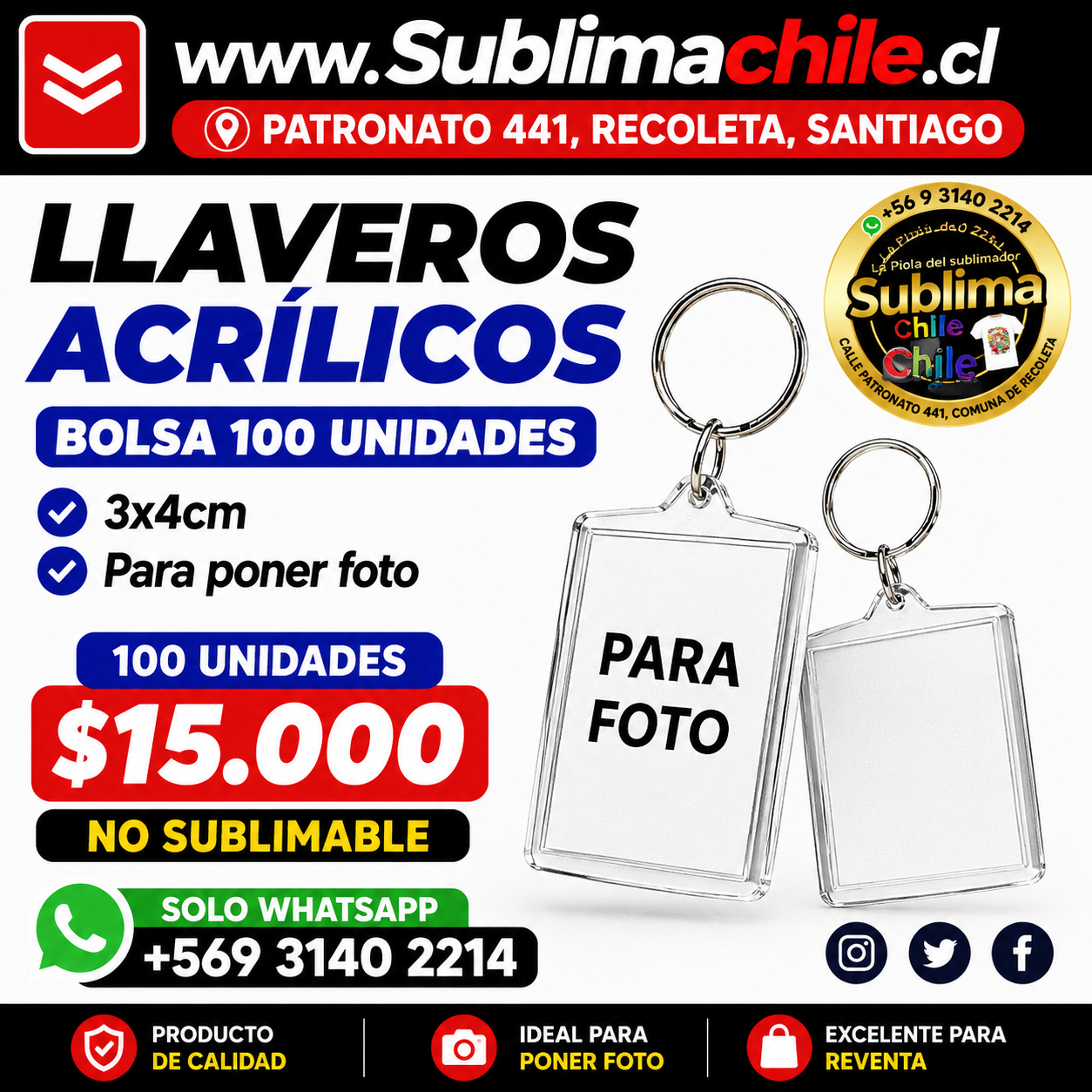 LLavero de acrilico Porta foto - 100 unidades