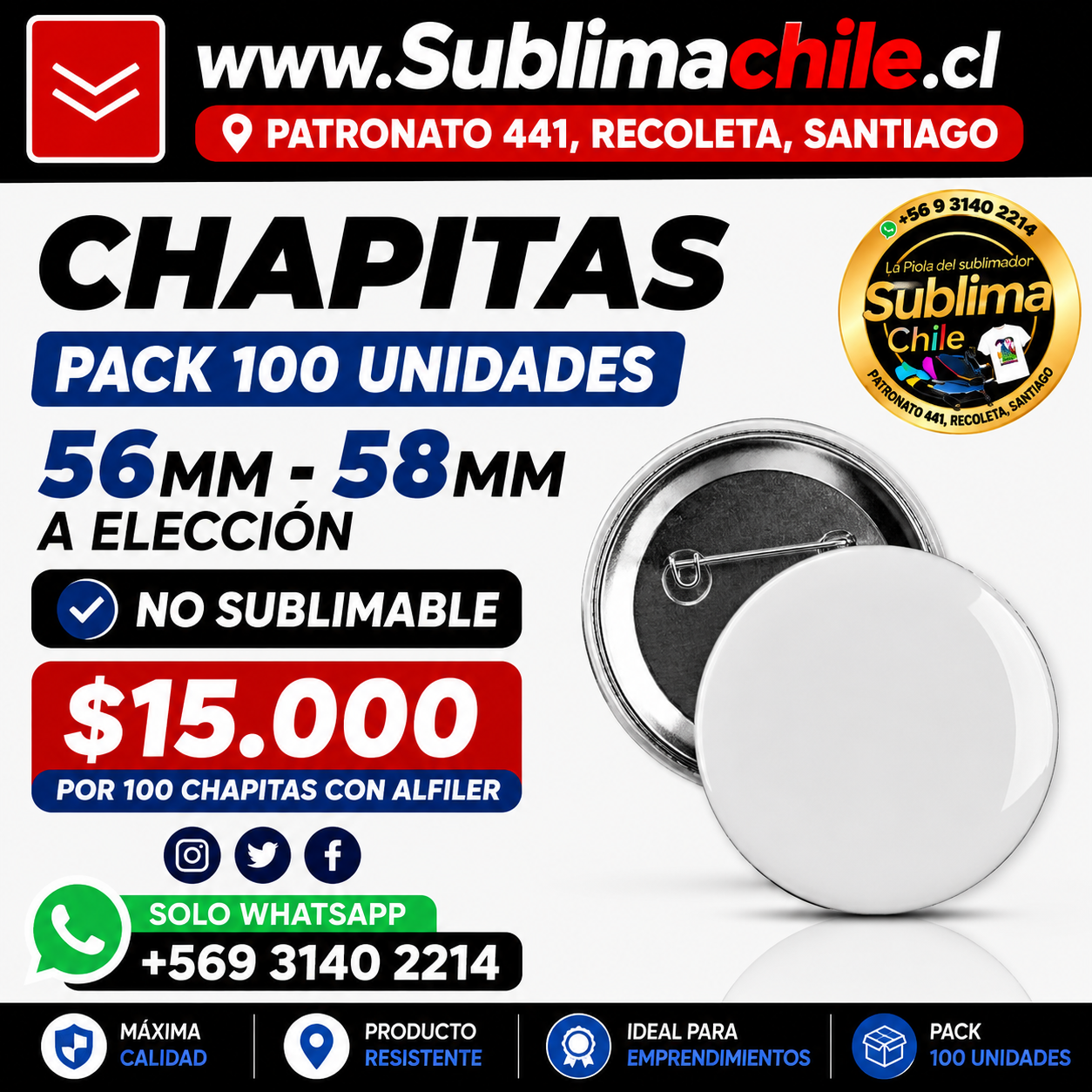 Chapitas de 56 mm o 58 mm