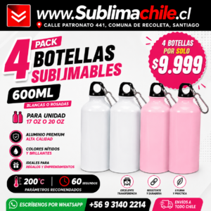 Pack 4 Botellas de aluminio 600 ml Para Sublimación