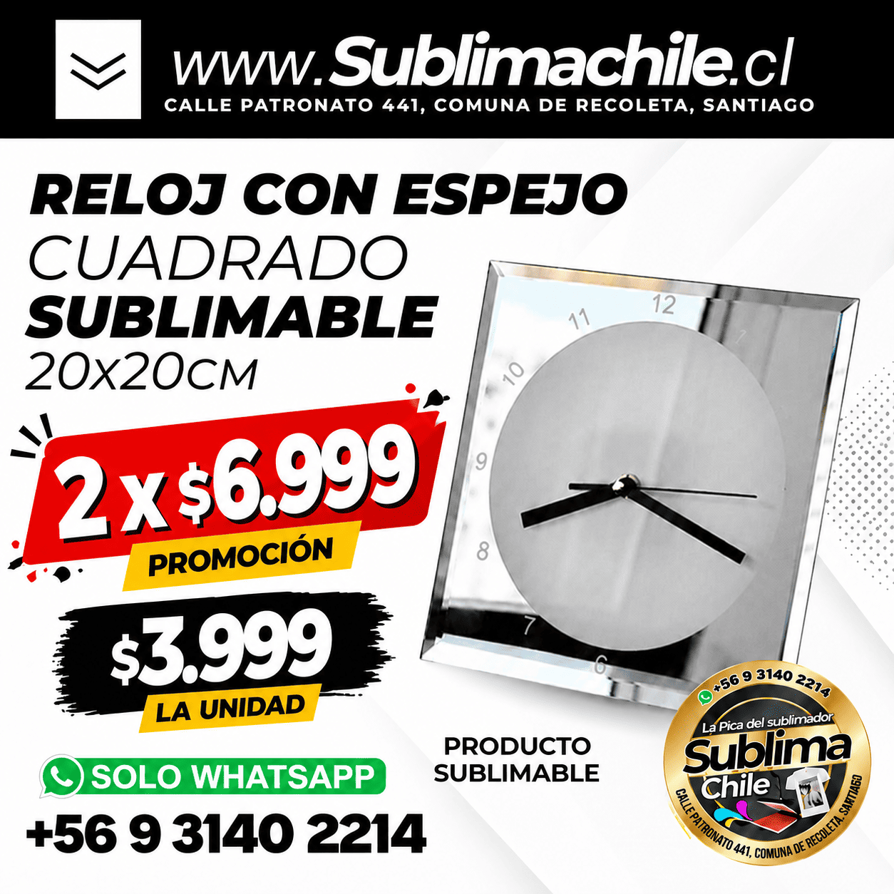 Reloj Espejo Sublimable 20x20