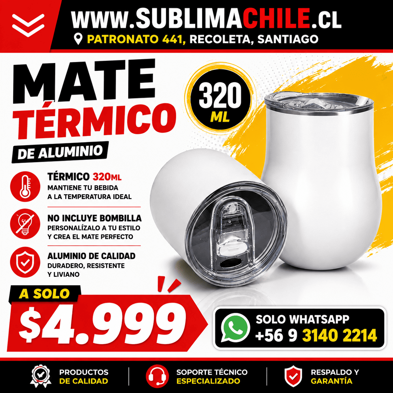 Mate Térmico de Aluminio 320 ml Sublimable