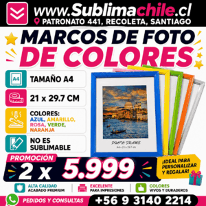 Marcos de Foto A4 Decorativos – Promoción 2 x $5.999 | Colores Azul, Amarillo, Rosa, Verde y Naranja | Sublimachile Chile