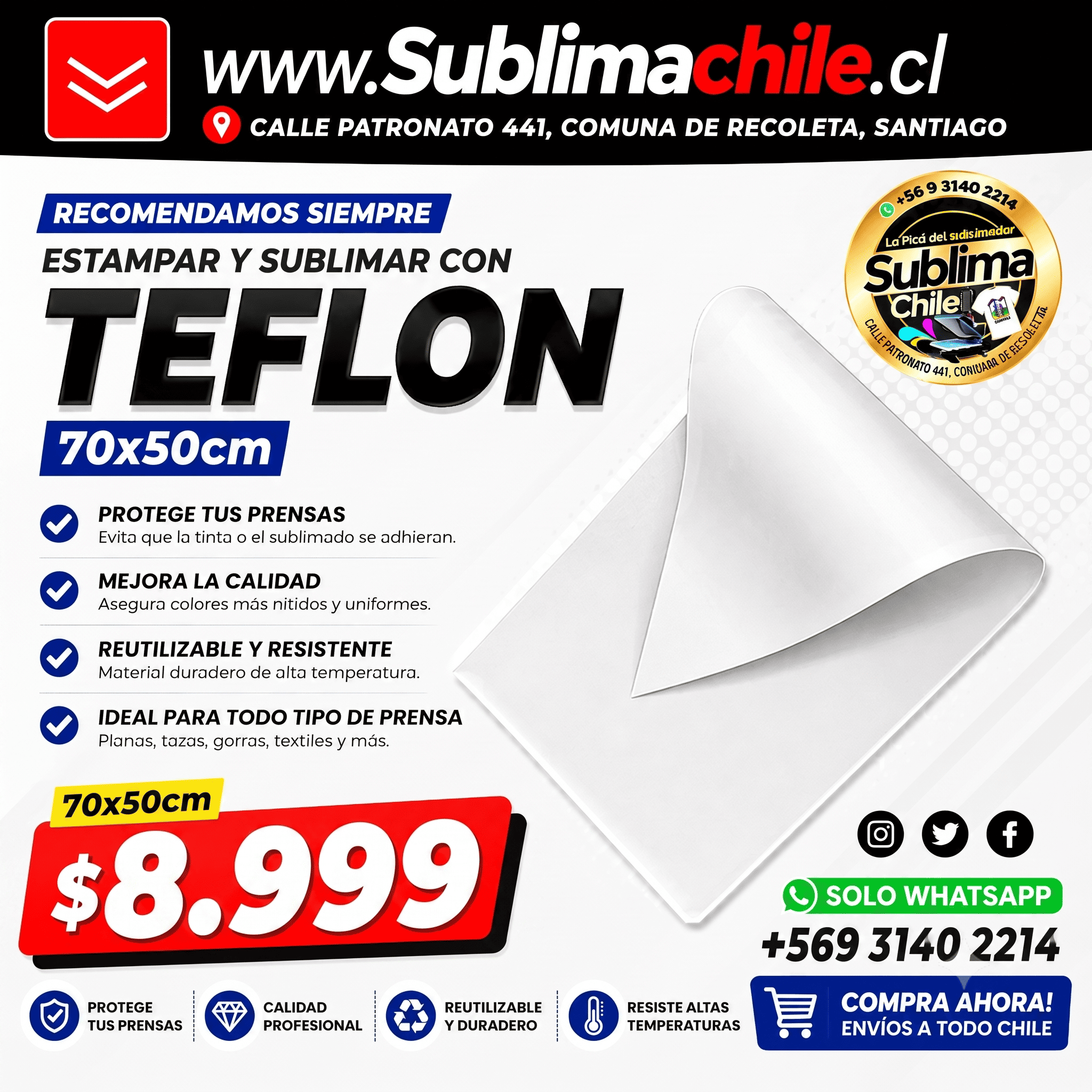 Lámina de Teflón 70x50 cm para Estampadora