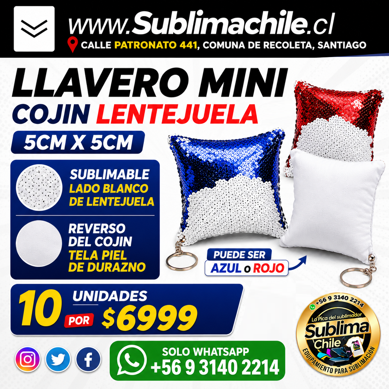 Llavero Mini Cojín Lentejuela Sublimable 5x5 cm - Pack 10 Unidades