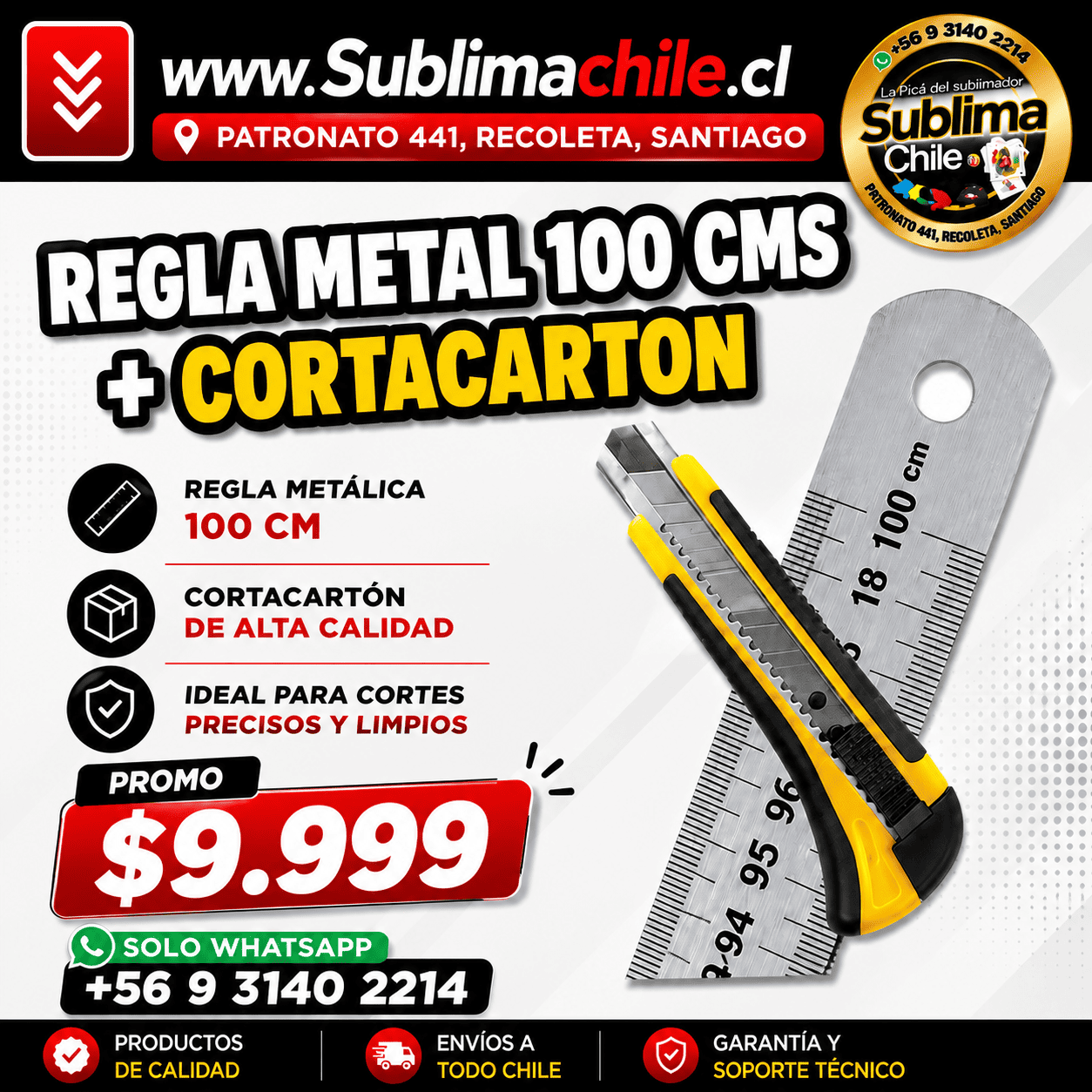 Regla Metálica 100 cm + Cortacartón para Corte y Manualidades