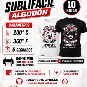 Sublifácil para Algodón | 10 Hojas | Imprime con Tinta de Sublimación | Prendas Claras y Oscuras