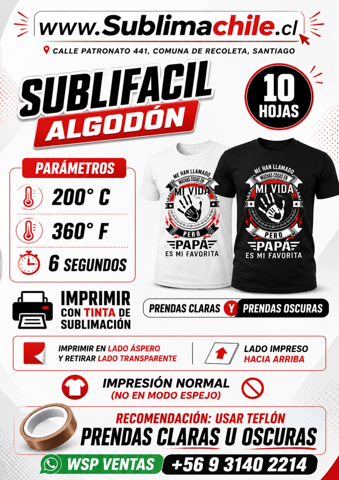 Sublifácil para Algodón | 10 Hojas | Imprime con Tinta de Sublimación | Prendas Claras y Oscuras