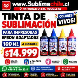 Tinta de Sublimación 100 ml CMYK para Impresoras Epson Adaptadas
