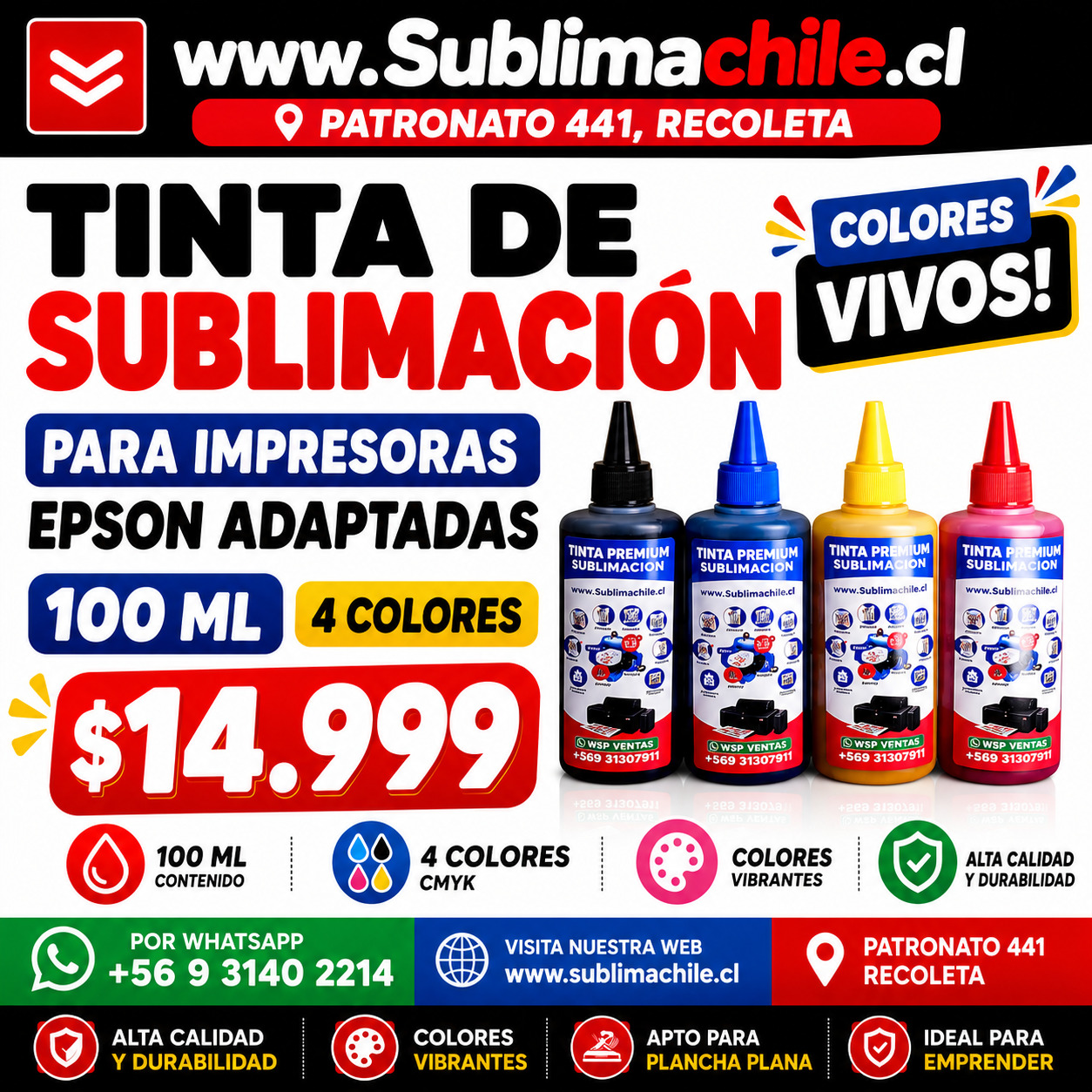 Tinta de Sublimación 100 ml CMYK para Impresoras Epson Adaptadas