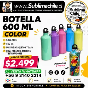 Botella de Aluminio Sublimable 600 ml Color