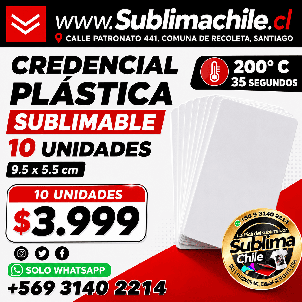 Credencial Plástica Sublimable 9.5 × 5.5 cm