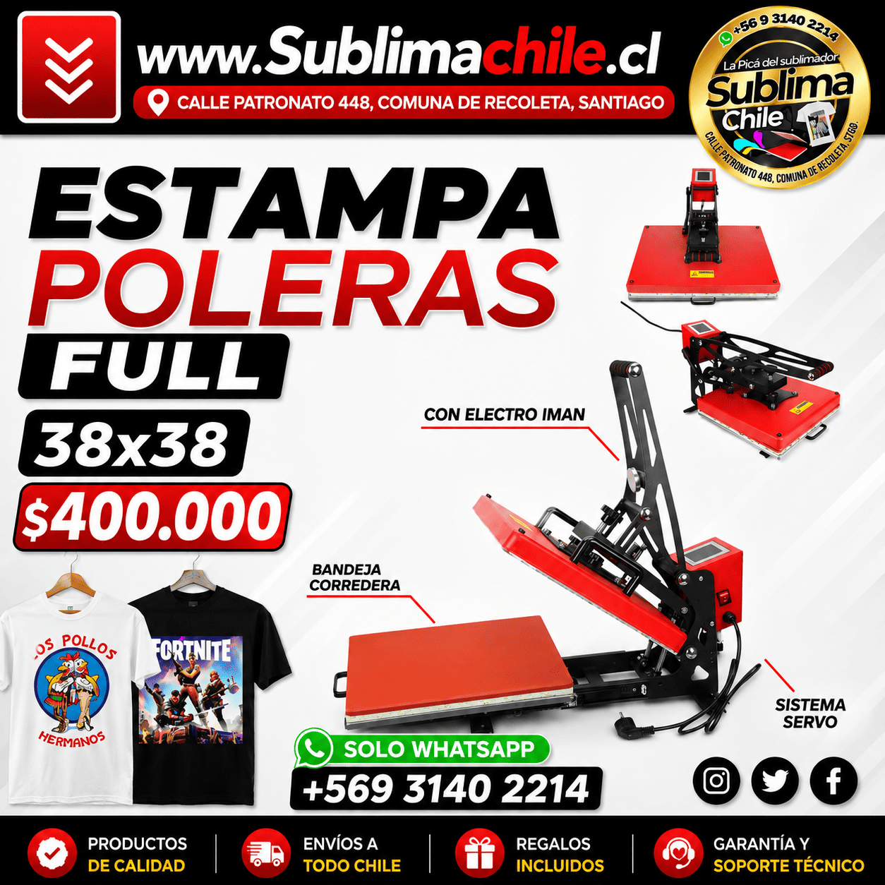 Estampadora de Poleras Full 38x38 cm con Electroimán y Bandeja Corredera