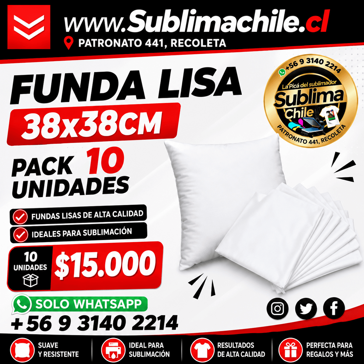 Funda Lisa para Cojín Sublimable 38x38 cm – Pack 10 Unidades