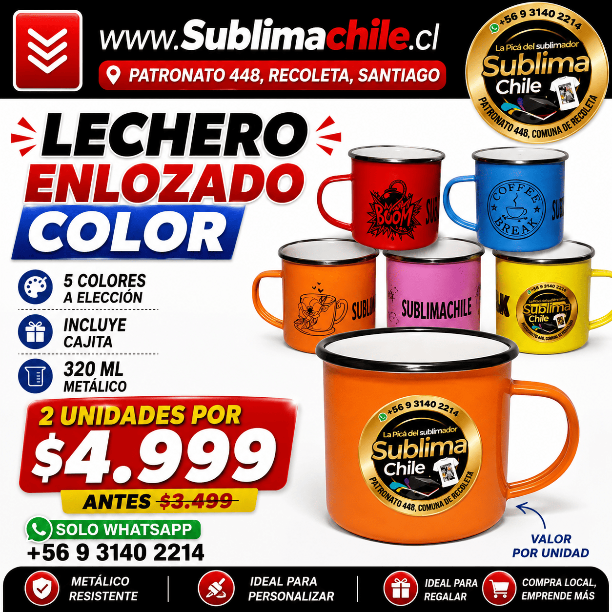 Lechero Enlozado Color para Sublimación 2 x $5.000