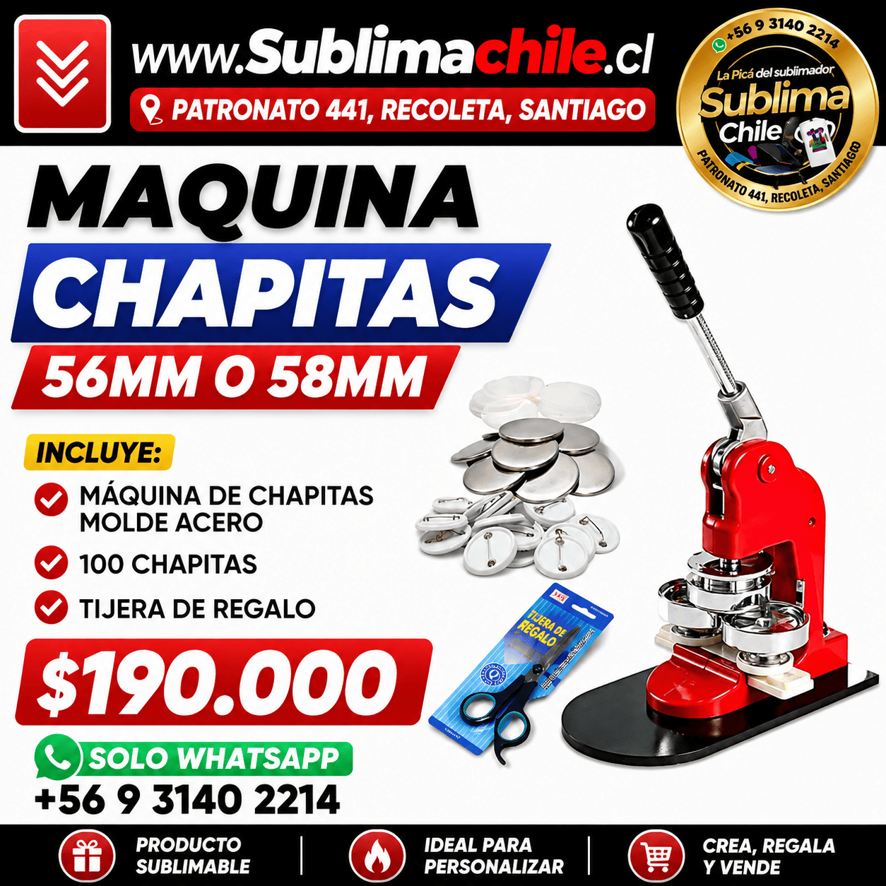 Máquina para Chapitas 56 mm o 58 mm + Molde de Acero + 100 Chapitas + Tijera de Regalo