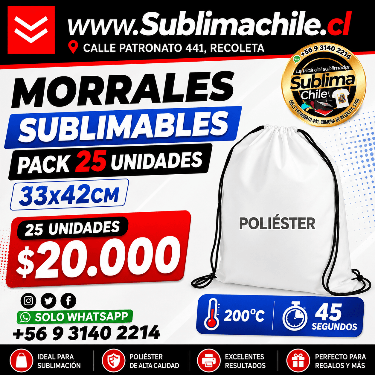 Morrales Sublimables de Poliéster 33x42 cm – Pack 25 Unidades