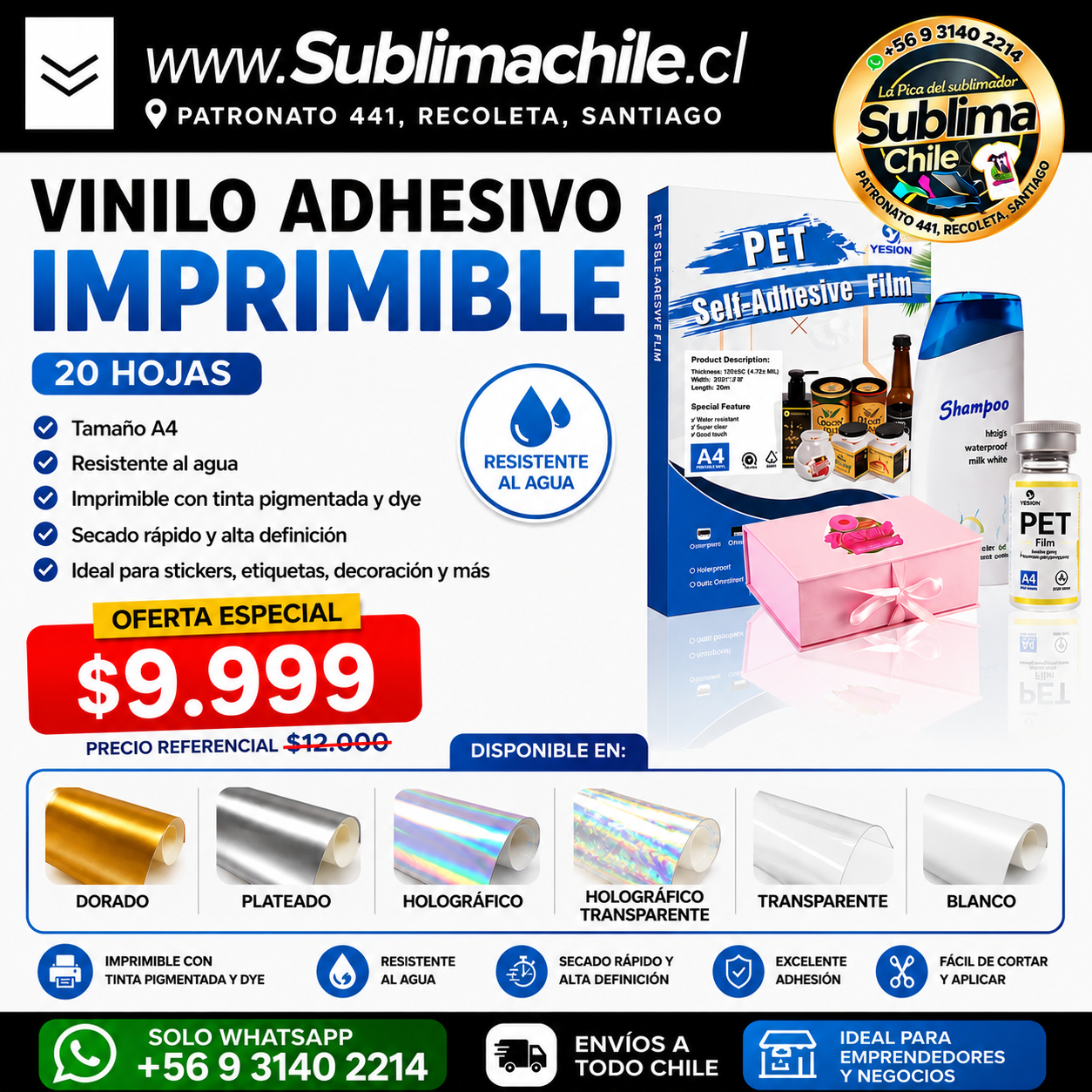 Vinilo Adhesivo Imprimible A4 Resistente al Agua – Pack 20 Hojas