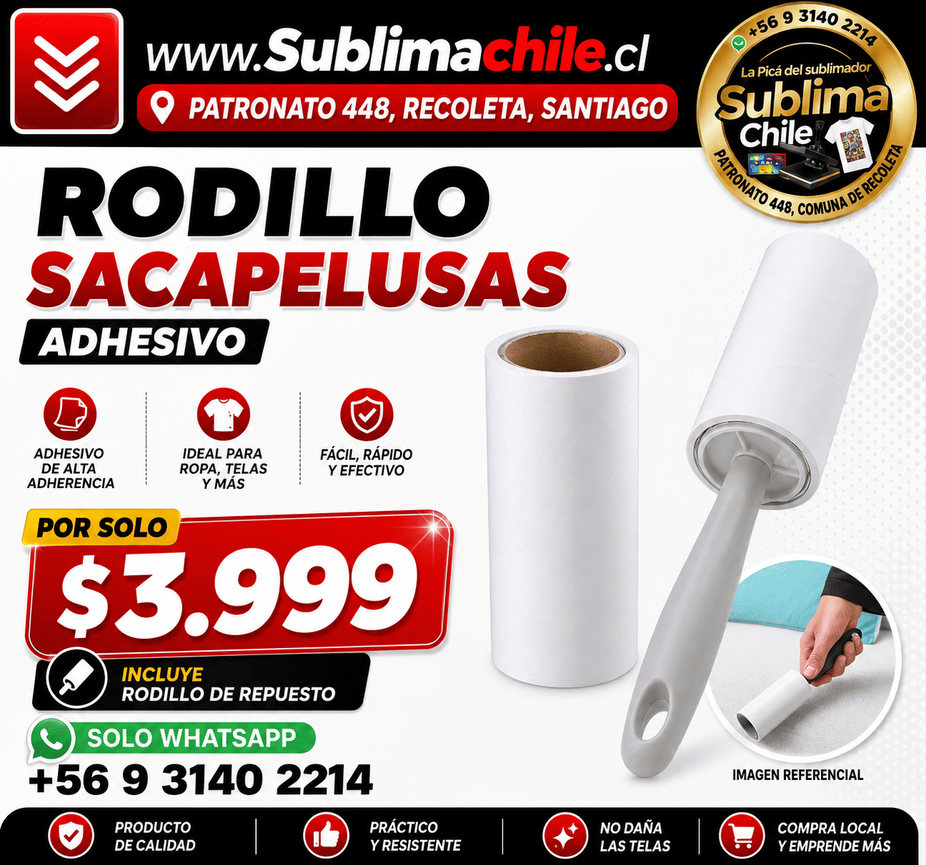 Rodillo SACAPELUSAS Adhesivo - Incluye Rodillo de Respuesto