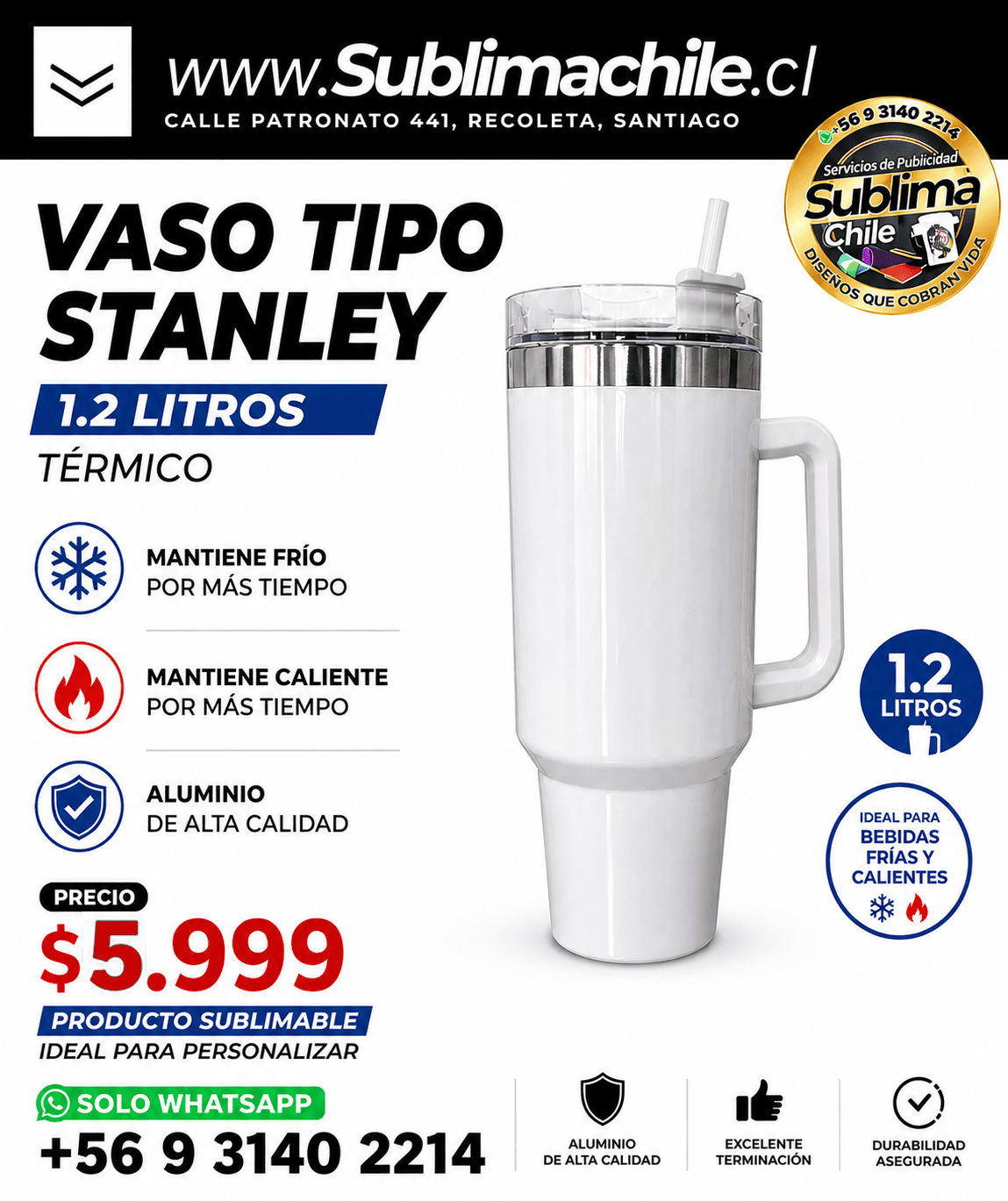 Vaso Térmico Tipo Stanley Sublimable 1.2 Litros