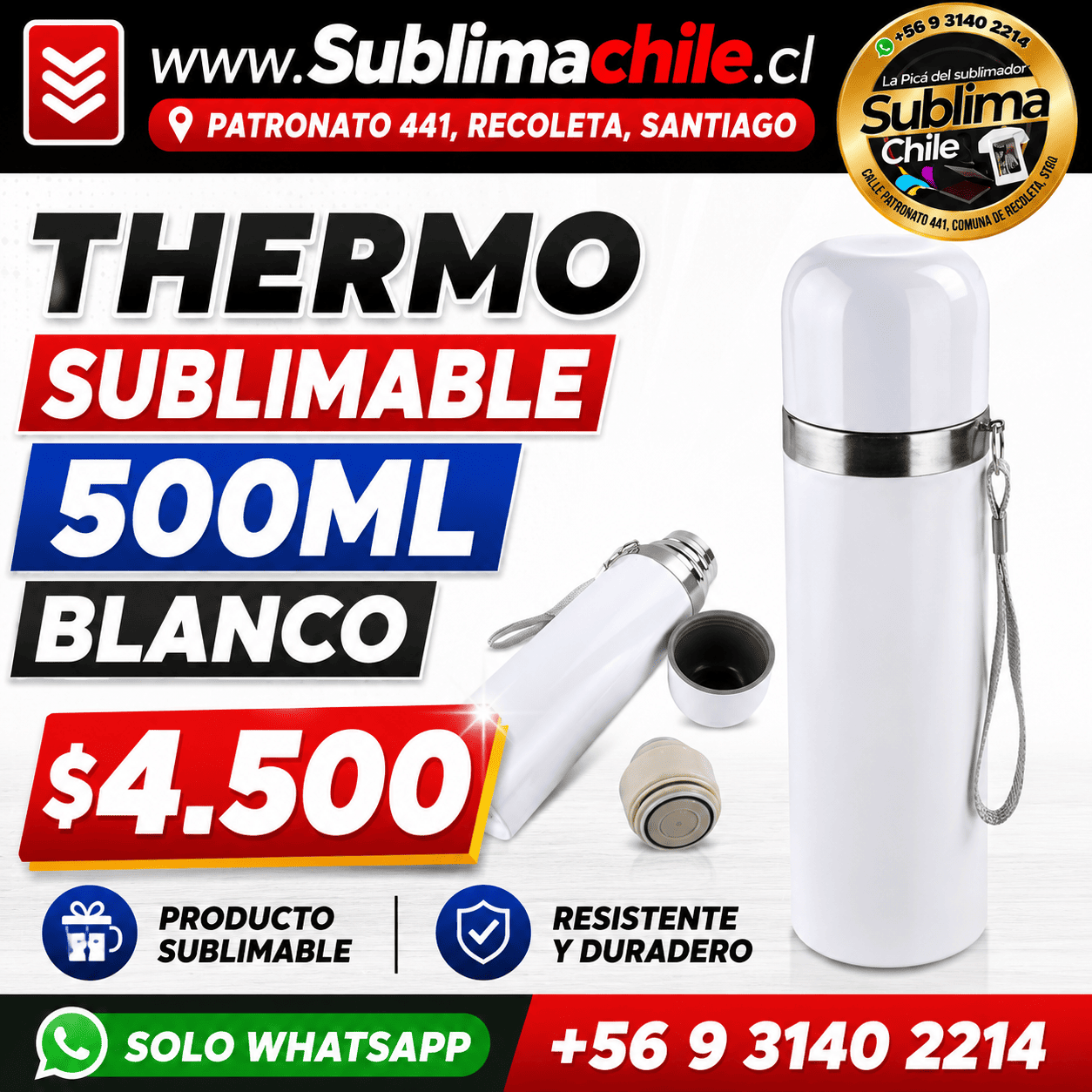 Termo Bala 500 ml Sublimable con Tapa Metálica